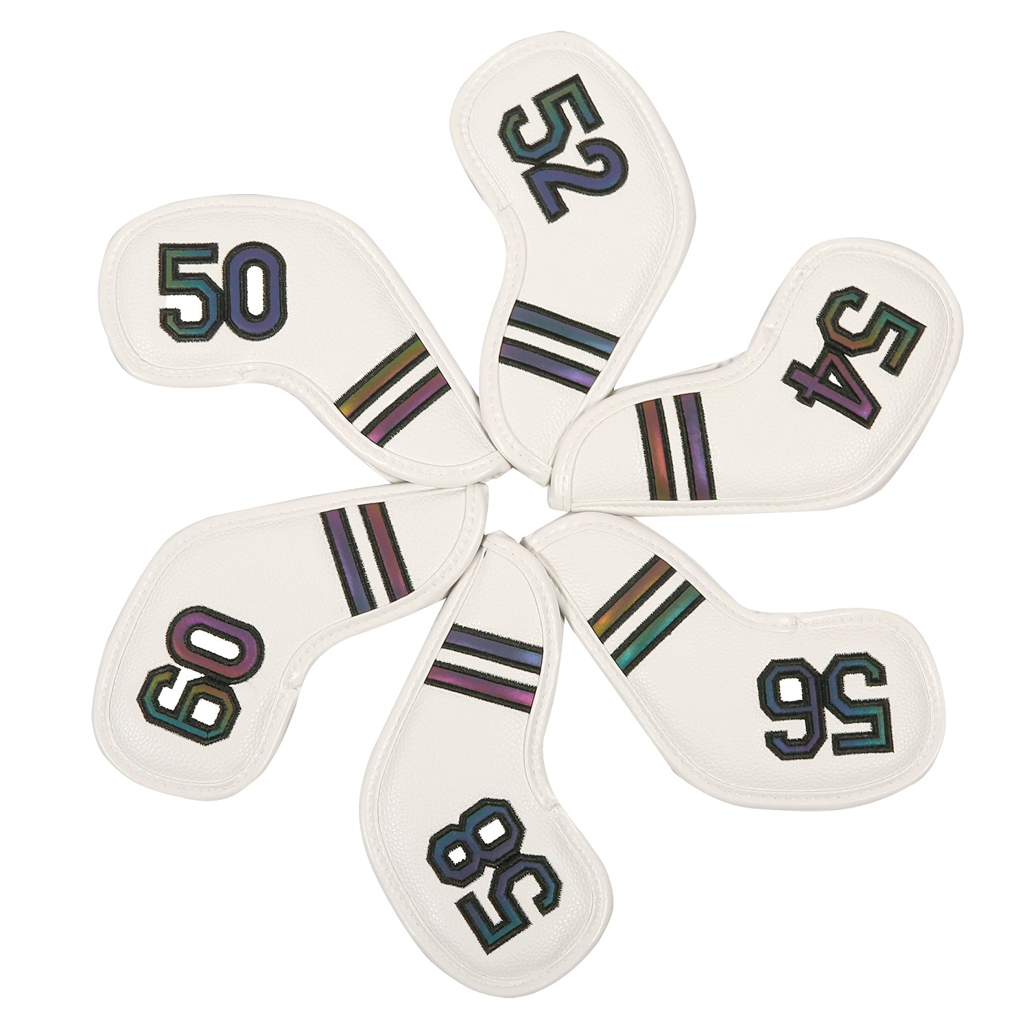Golf Club Wedge Head Covers 6 Piece Set 50, 52, 54, 56, 58, 60 Degrees Headcover Protectors White with Rainbow Coloured Numbers Golf Accessorise FoneFunShop