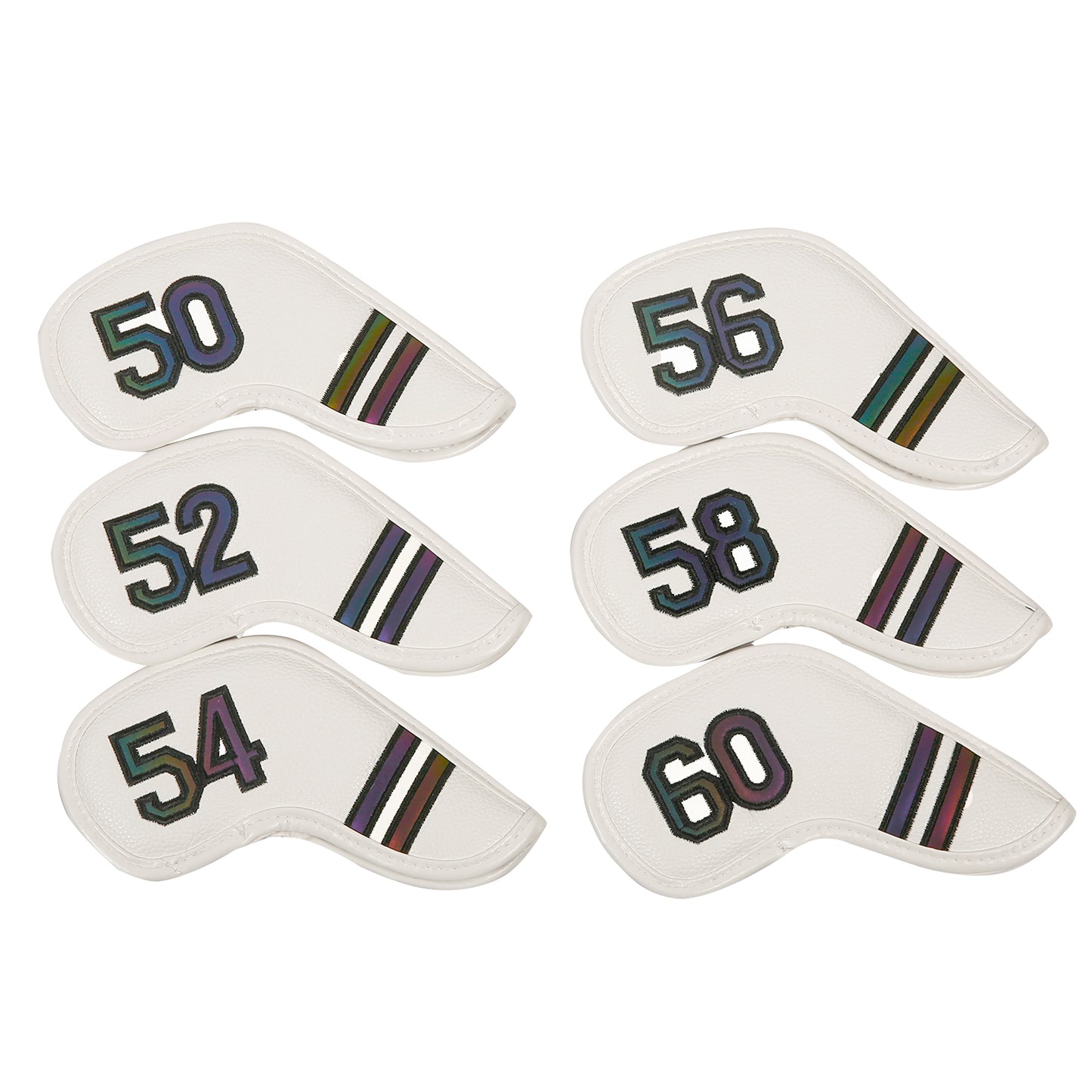 Golf Club Wedge Head Covers 6 Piece Set 50, 52, 54, 56, 58, 60 Degrees Headcover Protectors White with Rainbow Coloured Numbers Golf Accessorise FoneFunShop