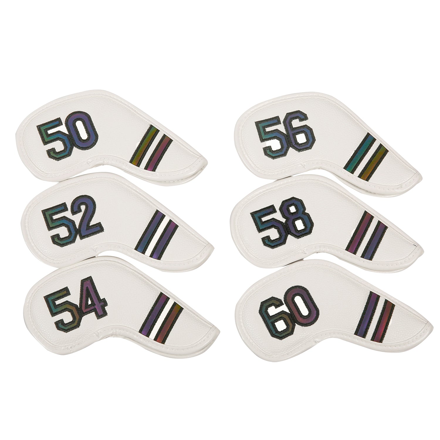 Golf Club Wedge Head Covers 6 Piece Set 50, 52, 54, 56, 58, 60 Degrees Headcover Protectors White with Rainbow Coloured Numbers Golf Accessorise FoneFunShop