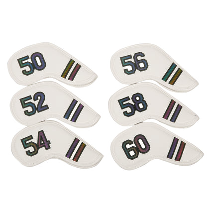 Golf Club Wedge Head Covers 6 Piece Set 50, 52, 54, 56, 58, 60 Degrees Headcover Protectors White with Rainbow Coloured Numbers Golf Accessorise FoneFunShop