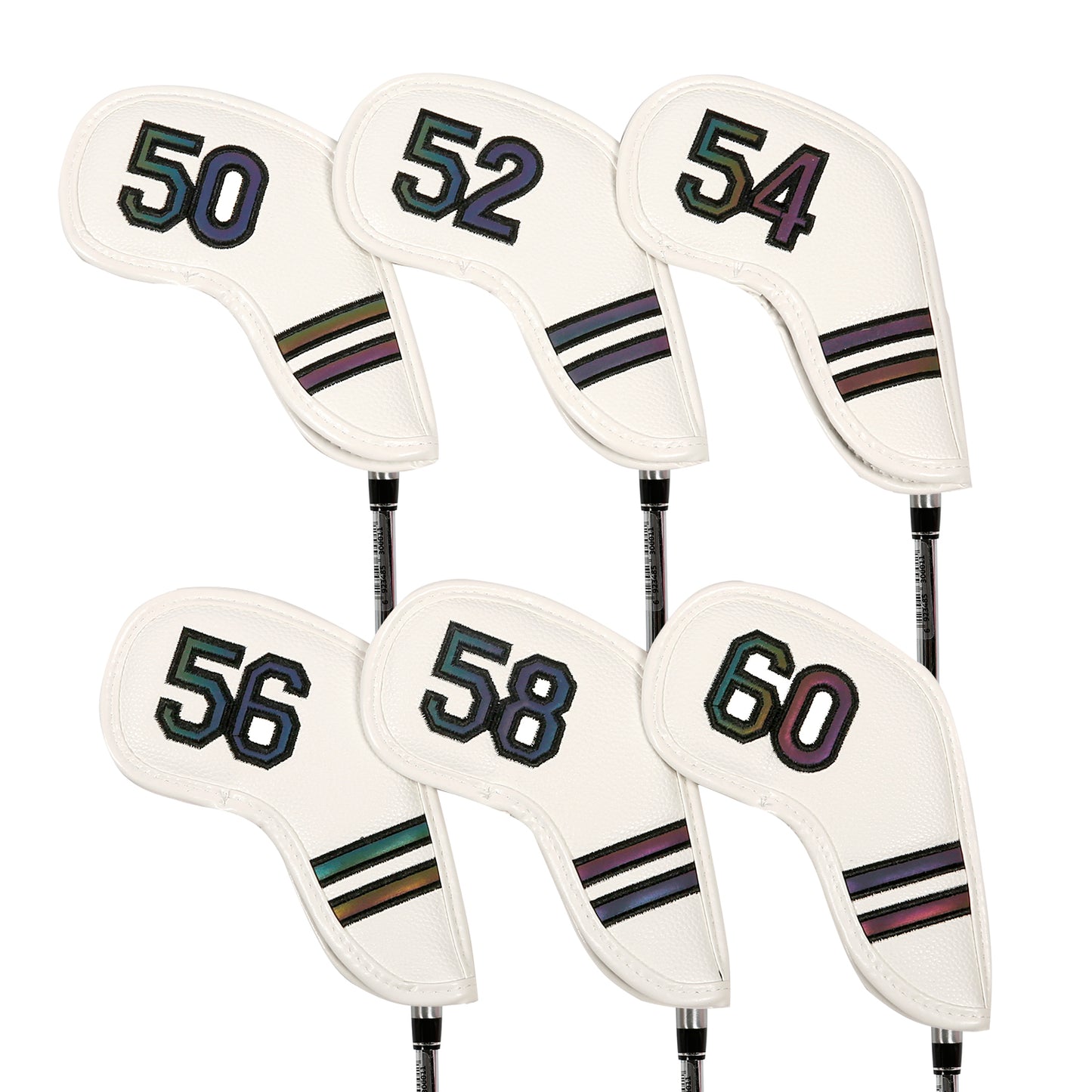 Golf Club Wedge Head Covers 6 Piece Set 50, 52, 54, 56, 58, 60 Degrees Headcover Protectors White with Rainbow Coloured Numbers Golf Accessorise FoneFunShop