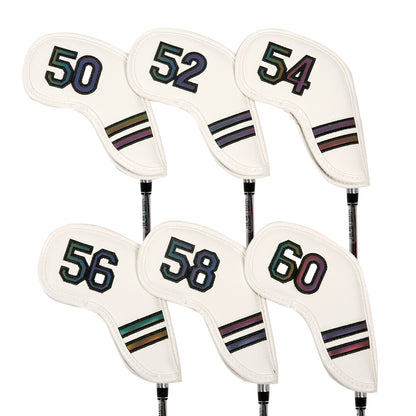 Golf Club Wedge Head Covers 6 Piece Set 50, 52, 54, 56, 58, 60 Degrees Headcover Protectors White with Rainbow Coloured Numbers Golf Accessorise FoneFunShop