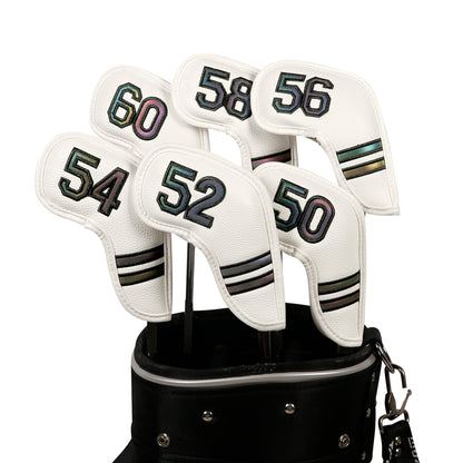 Golf Club Wedge Head Covers 6 Piece Set 50, 52, 54, 56, 58, 60 Degrees Headcover Protectors White with Rainbow Coloured Numbers Golf Accessorise FoneFunShop