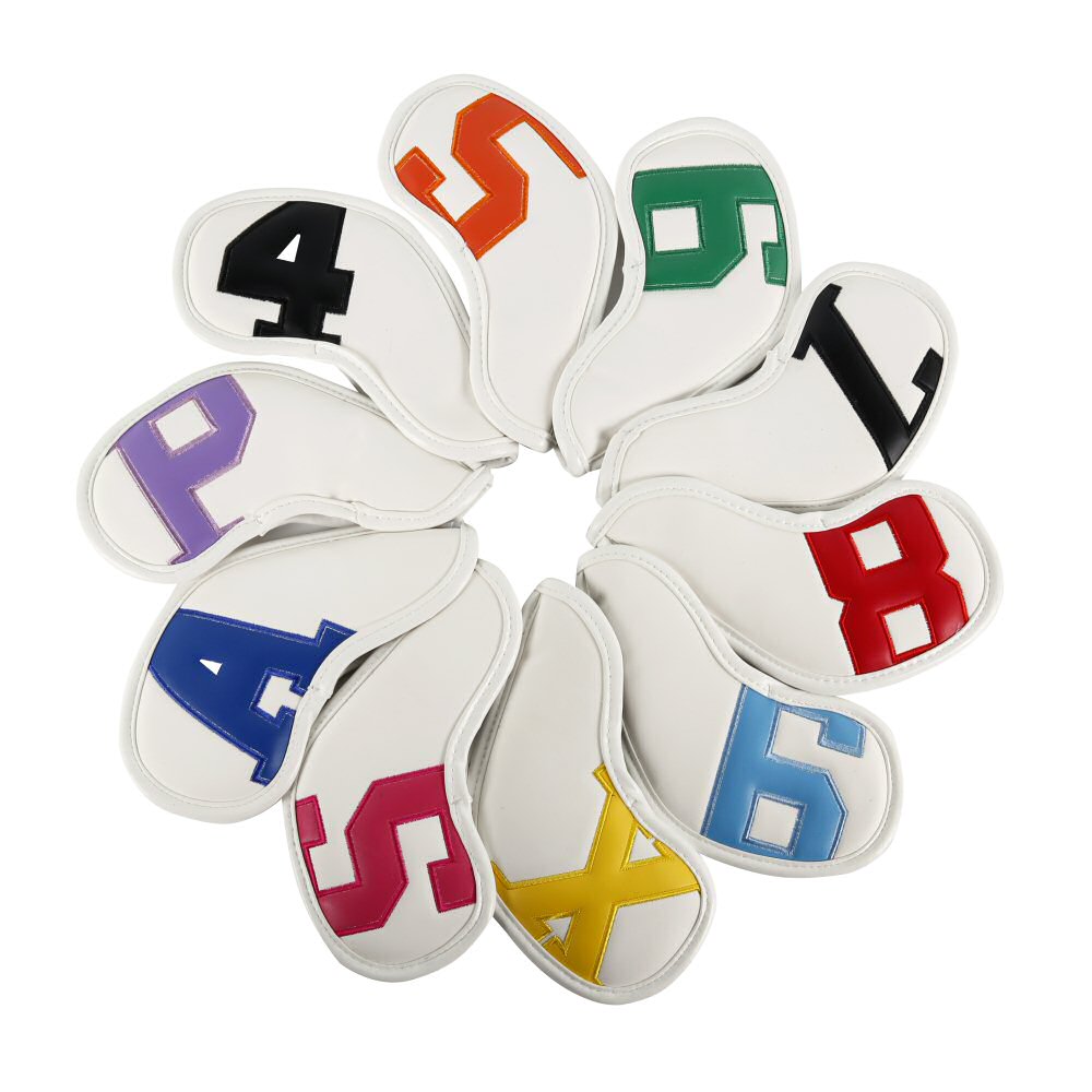 Leather Golf Club Headcovers Irons Set 10 Pcs Club Iron Head Covers White with MultiColoured Golf Accessorise FoneFunShop