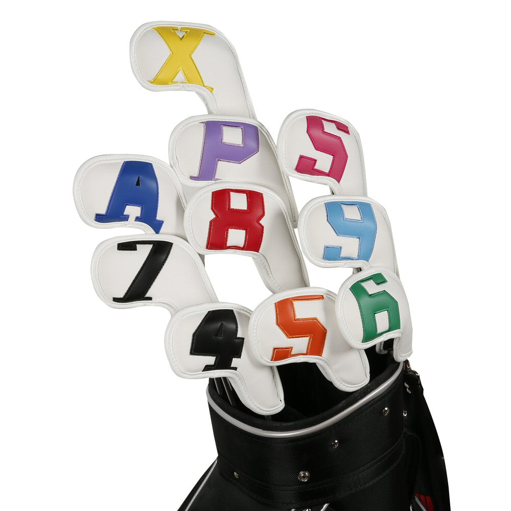 Leather Golf Club Headcovers Irons Set 10 Pcs Club Iron Head Covers White with MultiColoured Golf Accessorise FoneFunShop