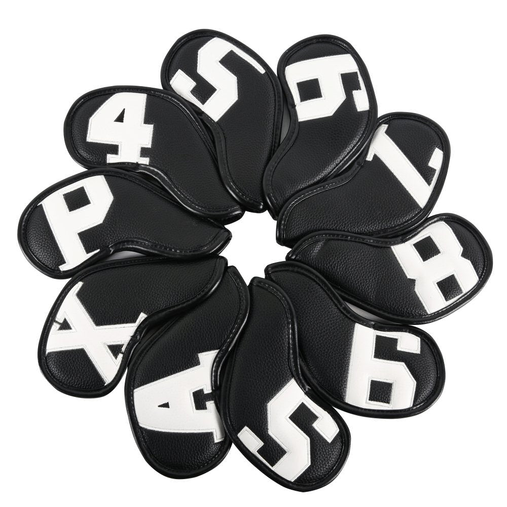 Leather Golf Club Headcovers Irons Set 10 Pcs Club Iron Head Covers Black Golf Accessorise FoneFunShop