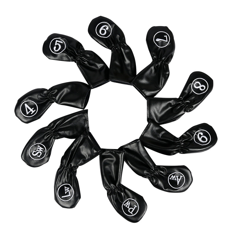 Leather Golf Club Iron Head Covers 10 Piece Set Headcover Protector Black with White Golf Accessorise FoneFunShop