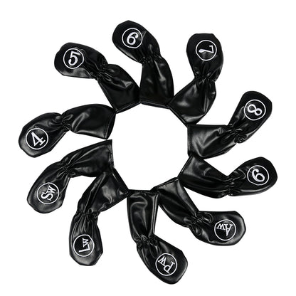 Leather Golf Club Iron Head Covers 10 Piece Set Headcover Protector Black with White Golf Accessorise FoneFunShop