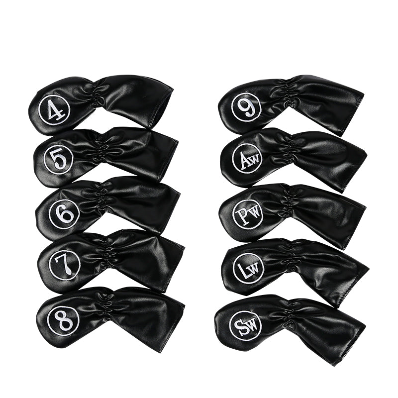 Leather Golf Club Iron Head Covers 10 Piece Set Headcover Protector Black with White Golf Accessorise FoneFunShop