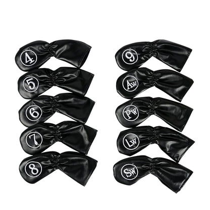 Leather Golf Club Iron Head Covers 10 Piece Set Headcover Protector Black with White Golf Accessorise FoneFunShop