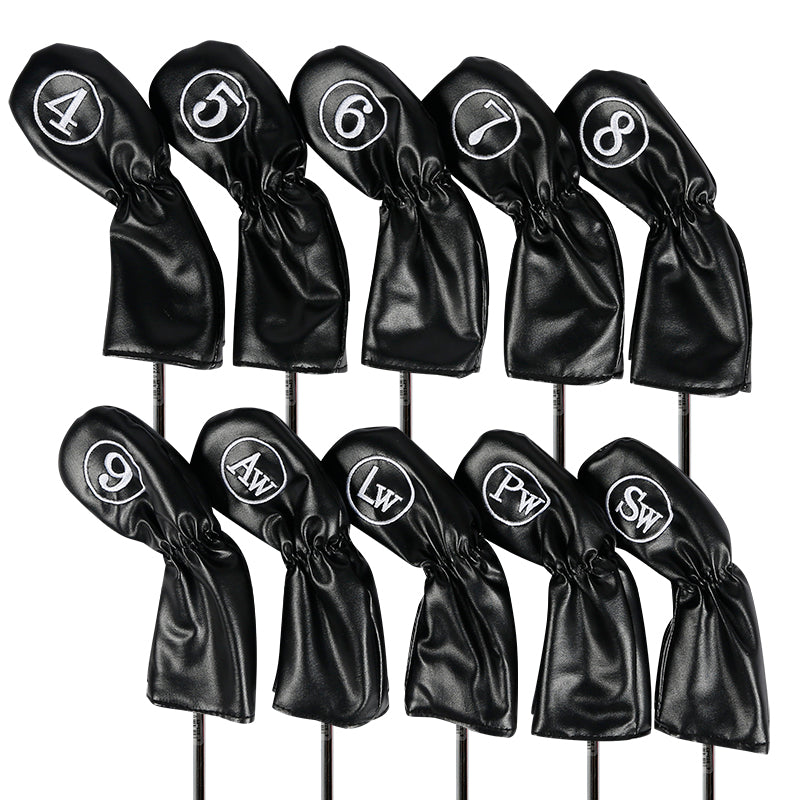 Leather Golf Club Iron Head Covers 10 Piece Set Headcover Protector Black with White Golf Accessorise FoneFunShop