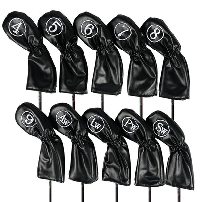 Leather Golf Club Iron Head Covers 10 Piece Set Headcover Protector Black with White Golf Accessorise FoneFunShop