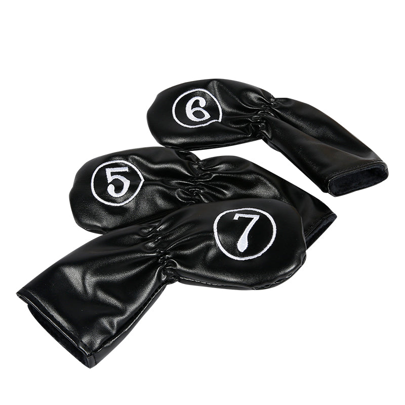 Leather Golf Club Iron Head Covers 10 Piece Set Headcover Protector Black with White Golf Accessorise FoneFunShop