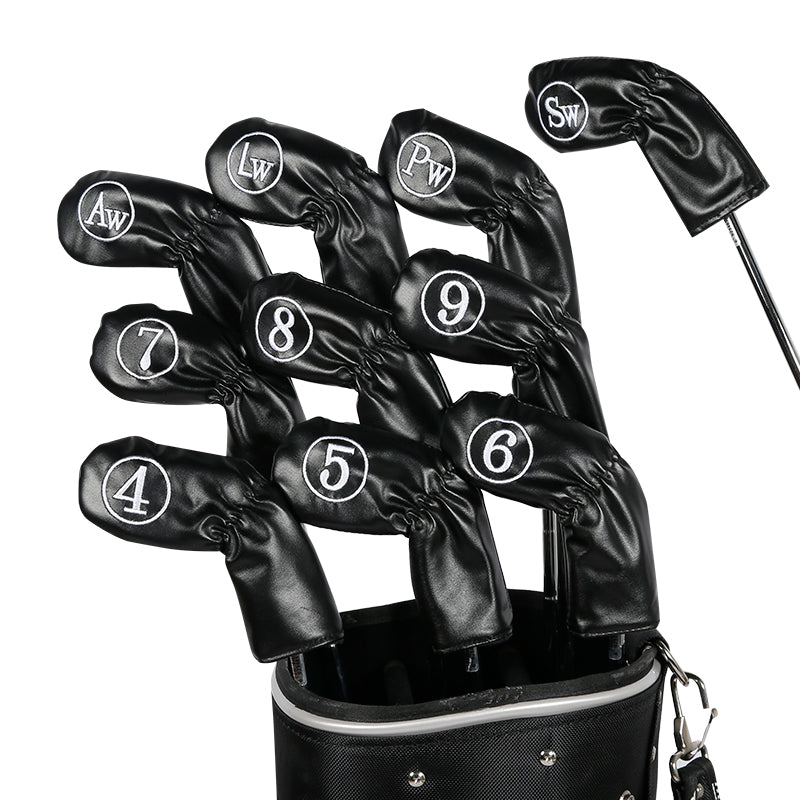 Leather Golf Club Iron Head Covers 10 Piece Set Headcover Protector Black with White Golf Accessorise FoneFunShop