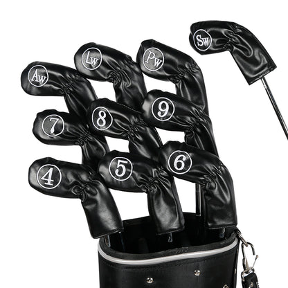 Leather Golf Club Iron Head Covers 10 Piece Set Headcover Protector Black with White Golf Accessorise FoneFunShop