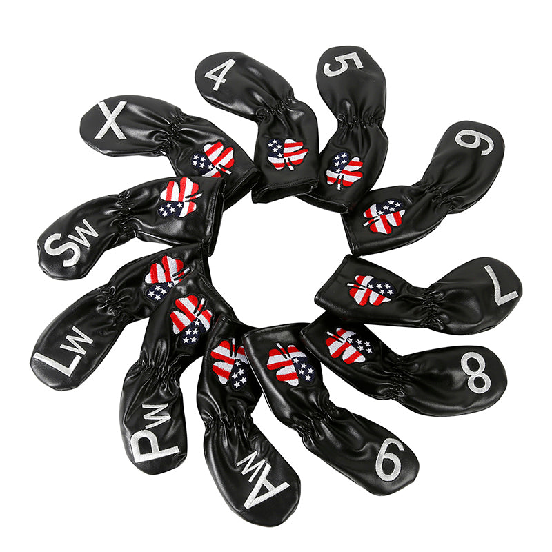 Leather Golf Club Iron Head Covers 11 Piece Set USA Clover Headcover Protector Black with White Golf Accessorise FoneFunShop