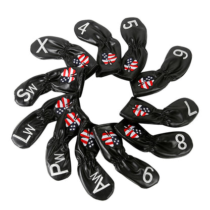 Leather Golf Club Iron Head Covers 11 Piece Set USA Clover Headcover Protector Black with White Golf Accessorise FoneFunShop