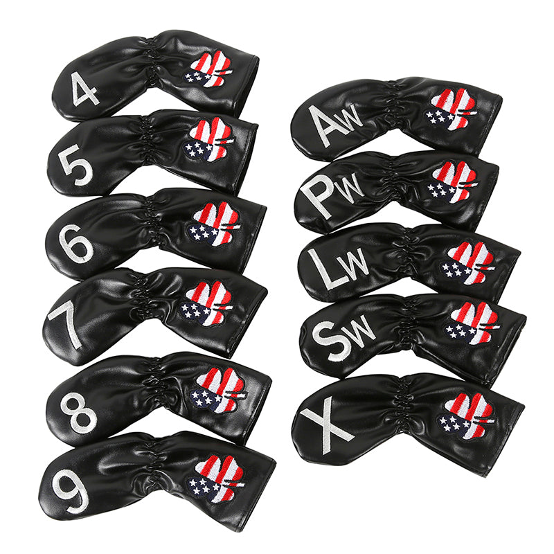 Leather Golf Club Iron Head Covers 11 Piece Set USA Clover Headcover Protector Black with White Golf Accessorise FoneFunShop