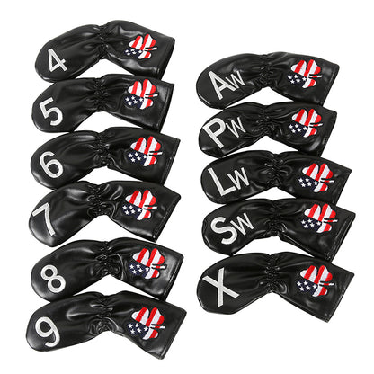 Leather Golf Club Iron Head Covers 11 Piece Set USA Clover Headcover Protector Black with White Golf Accessorise FoneFunShop