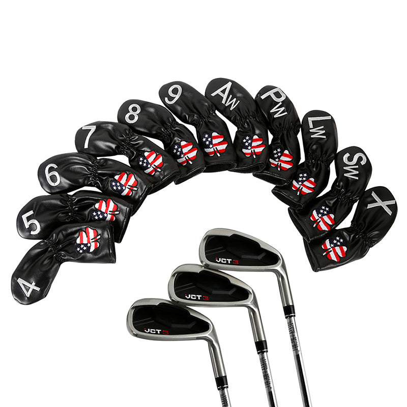 Leather Golf Club Iron Head Covers 11 Piece Set USA Clover Headcover Protector Black with White Golf Accessorise FoneFunShop