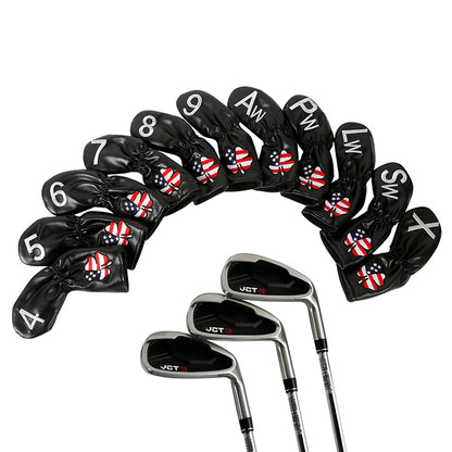 Leather Golf Club Iron Head Covers 11 Piece Set USA Clover Headcover Protector Black with White Golf Accessorise FoneFunShop