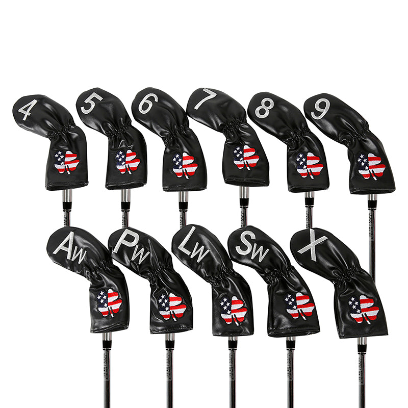 Leather Golf Club Iron Head Covers 11 Piece Set USA Clover Headcover Protector Black with White Golf Accessorise FoneFunShop