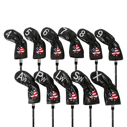 Leather Golf Club Iron Head Covers 11 Piece Set USA Clover Headcover Protector Black with White Golf Accessorise FoneFunShop