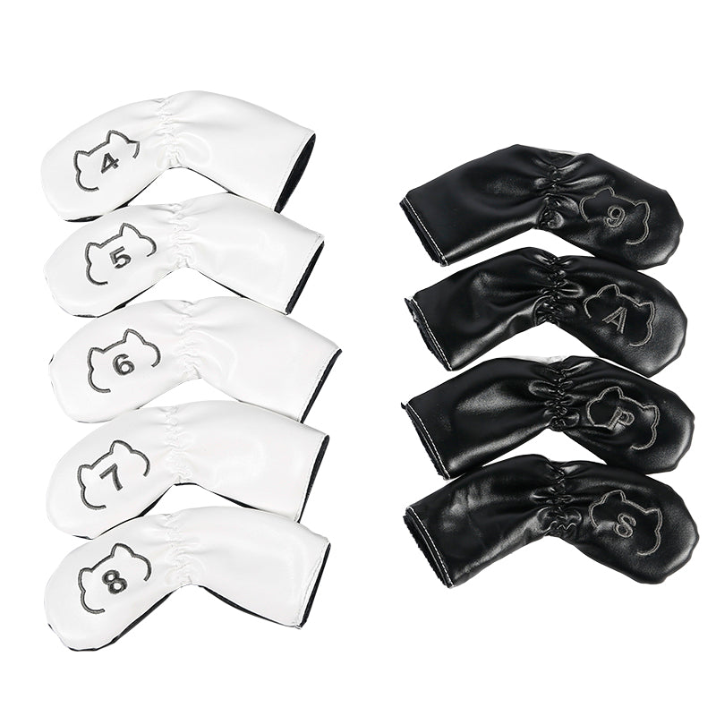 Leather Golf Club Iron Head Covers 9 Piece Set Cat Outline Headcover Protector White and Black Golf Accessorise FoneFunShop