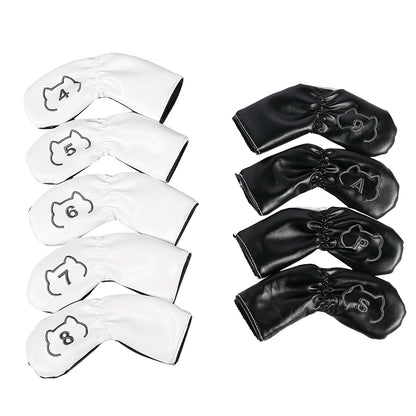 Leather Golf Club Iron Head Covers 9 Piece Set Cat Outline Headcover Protector White and Black Golf Accessorise FoneFunShop