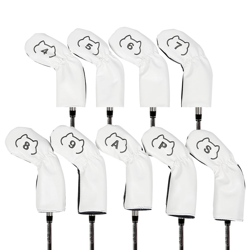 Leather Golf Club Iron Head Covers 9 Piece Set Cat Outline Headcover Protector White and Black Golf Accessorise FoneFunShop