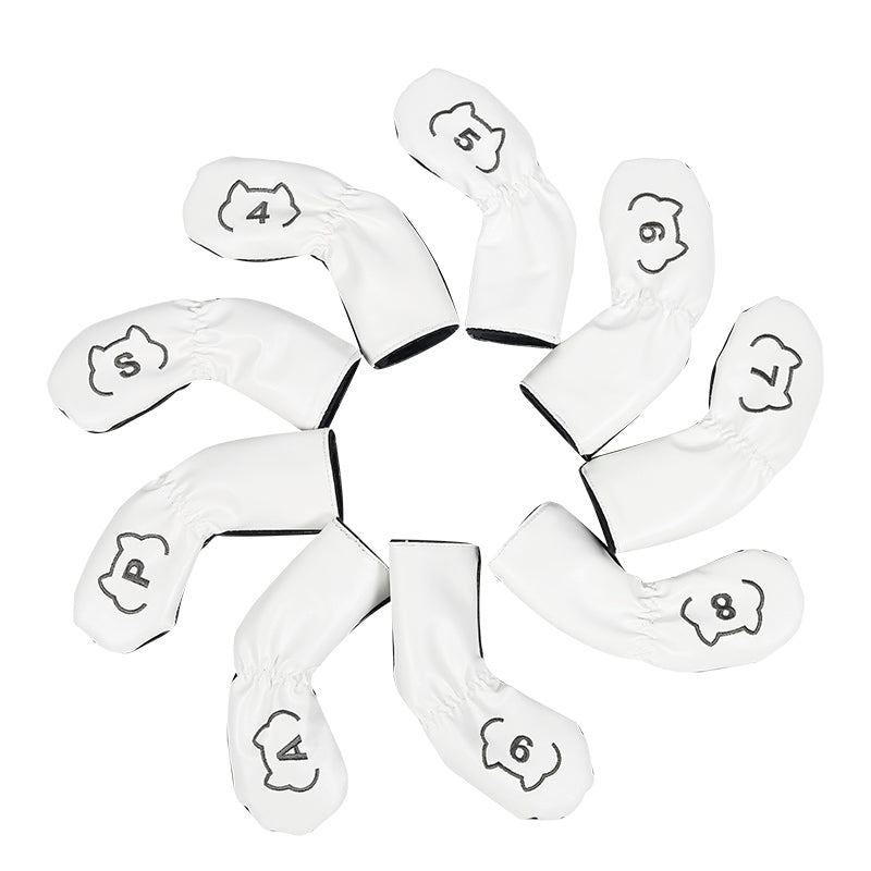 Leather Golf Club Iron Head Covers 9 Piece Set Cat Outline Headcover Protector White and Black Golf Accessorise FoneFunShop