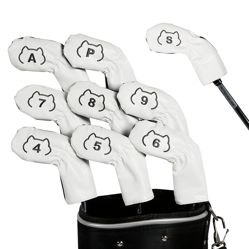 Leather Golf Club Iron Head Covers 9 Piece Set Cat Outline Headcover Protector White and Black Golf Accessorise FoneFunShop