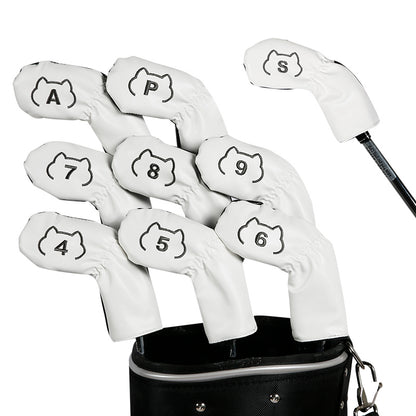 Leather Golf Club Iron Head Covers 9 Piece Set Cat Outline Headcover Protector White and Black Golf Accessorise FoneFunShop