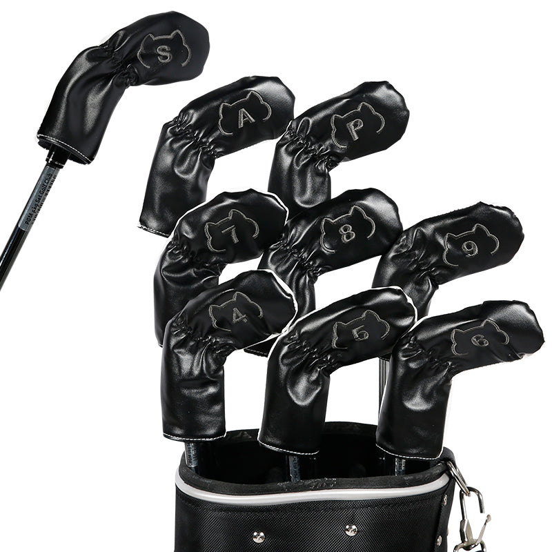 Leather Golf Club Iron Head Covers 9 Piece Set Cat Outline Headcover Protector White and Black Golf Accessorise FoneFunShop