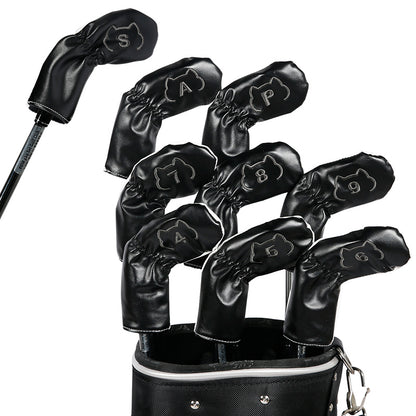 Leather Golf Club Iron Head Covers 9 Piece Set Cat Outline Headcover Protector White and Black Golf Accessorise FoneFunShop