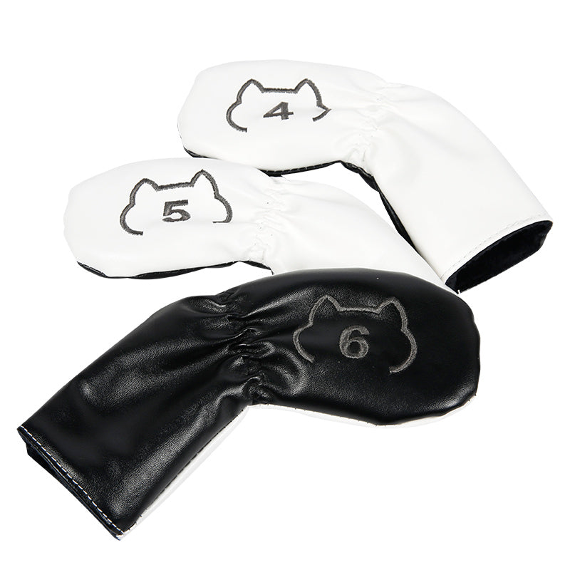 Leather Golf Club Iron Head Covers 9 Piece Set Cat Outline Headcover Protector White and Black Golf Accessorise FoneFunShop