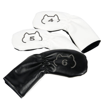Leather Golf Club Iron Head Covers 9 Piece Set Cat Outline Headcover Protector White and Black Golf Accessorise FoneFunShop