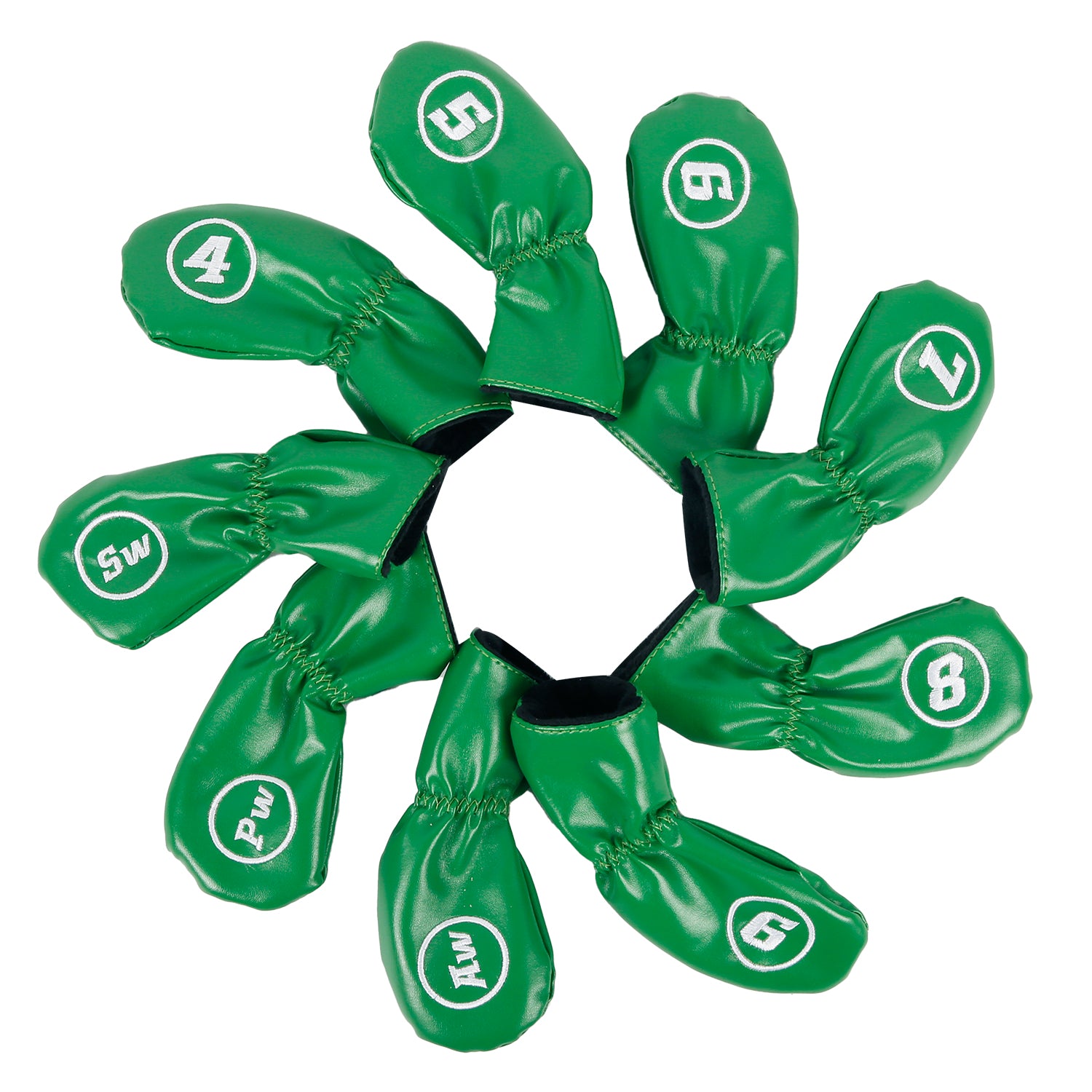 Leather Golf Club Iron Head Covers 9 Piece Set Headcover Protector Green with White Golf Accessorise FoneFunShop