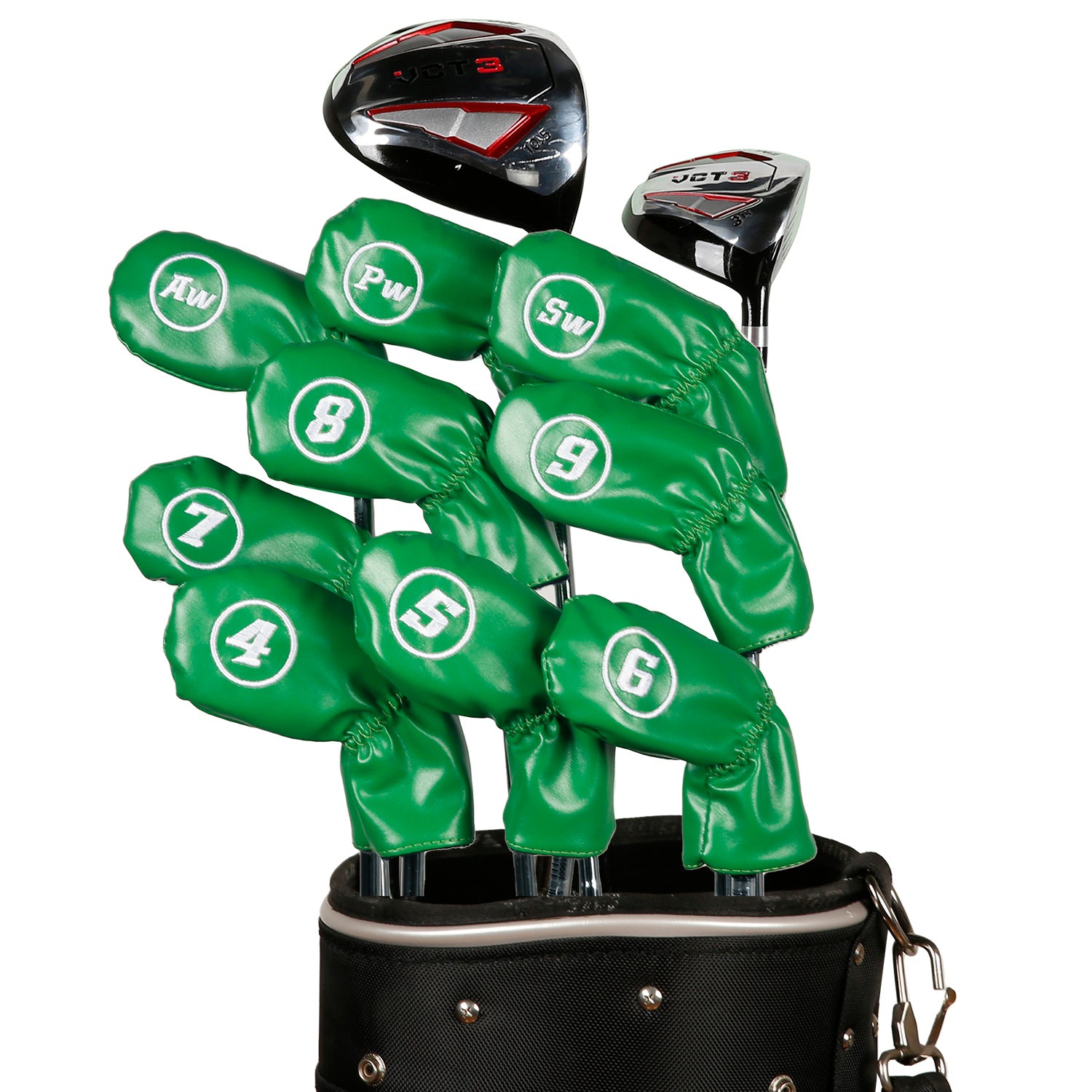 Leather Golf Club Iron Head Covers 9 Piece Set Headcover Protector Green with White Golf Accessorise FoneFunShop