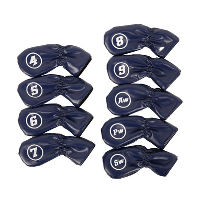 Leather Golf Club Iron Head Covers 9 Piece Set Headcover Protector Blue with White Golf Accessorise FoneFunShop