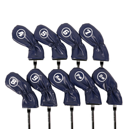 Leather Golf Club Iron Head Covers 9 Piece Set Headcover Protector Blue with White Golf Accessorise FoneFunShop