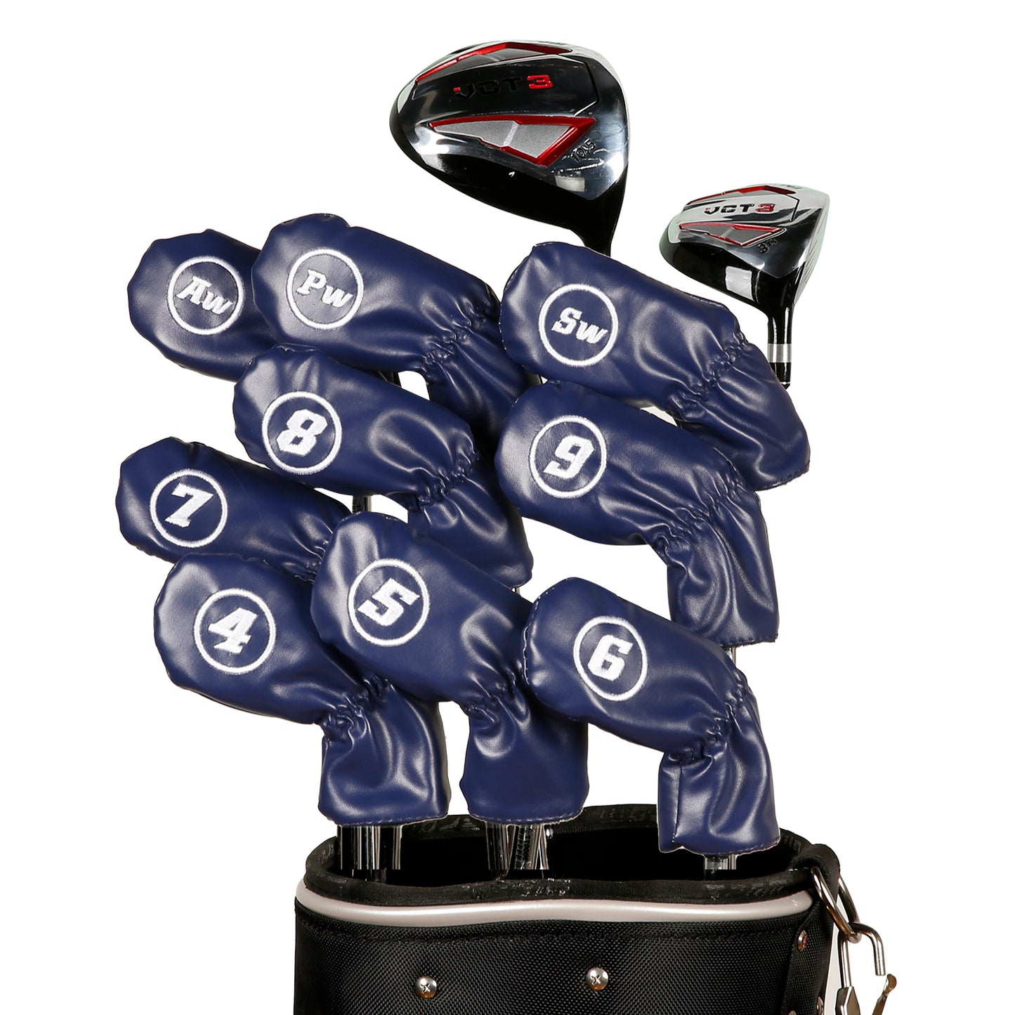 Leather Golf Club Iron Head Covers 9 Piece Set Headcover Protector Blue with White Golf Accessorise FoneFunShop