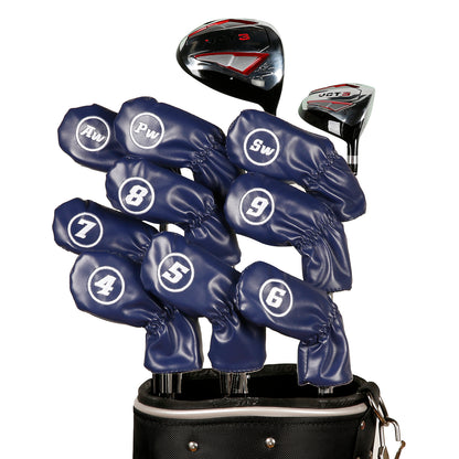 Leather Golf Club Iron Head Covers 9 Piece Set Headcover Protector Blue with White Golf Accessorise FoneFunShop