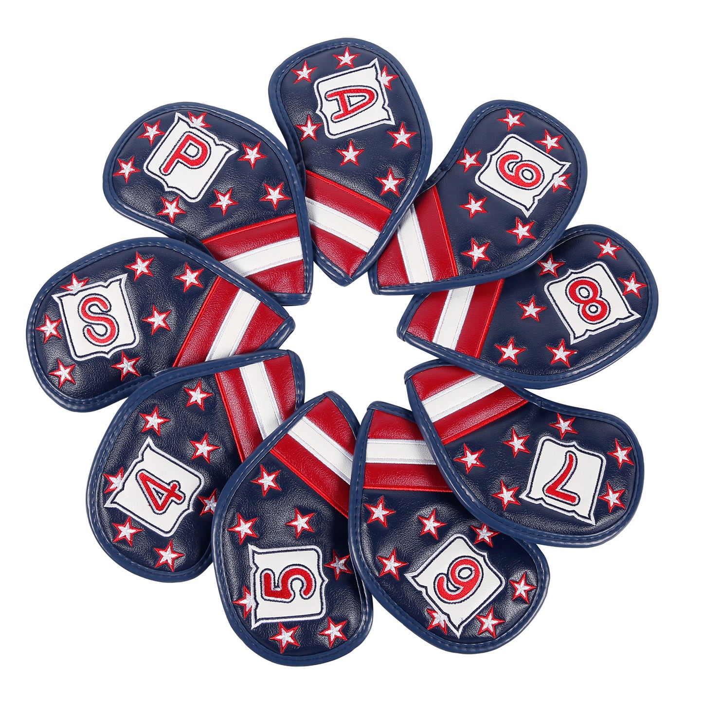 Leather Golf Club Iron Head Covers 9 Piece Set Headcover Protector Stars and Stripes Golf Accessorise FoneFunShop