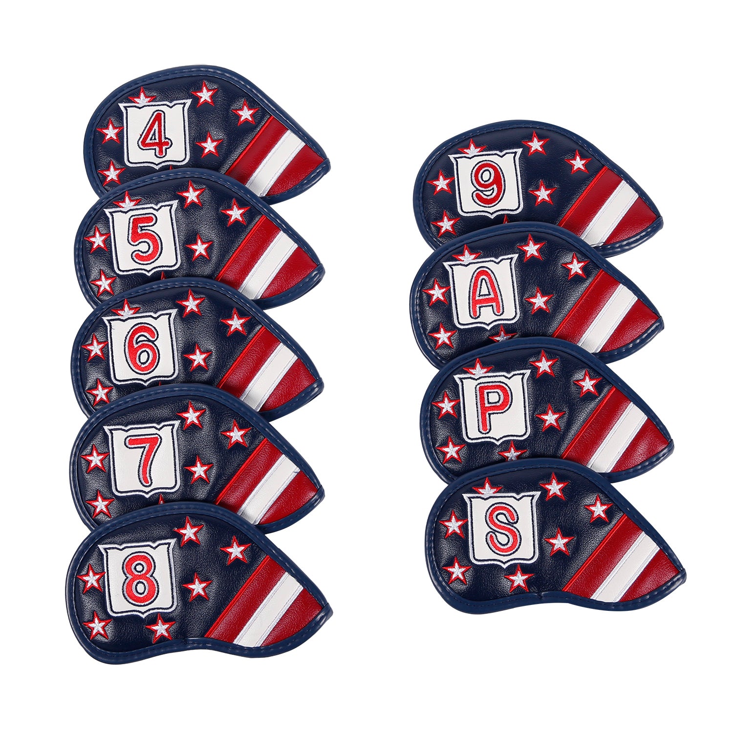 Leather Golf Club Iron Head Covers 9 Piece Set Headcover Protector Stars and Stripes Golf Accessorise FoneFunShop