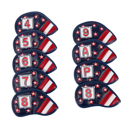 Leather Golf Club Iron Head Covers 9 Piece Set Headcover Protector Stars and Stripes Golf Accessorise FoneFunShop