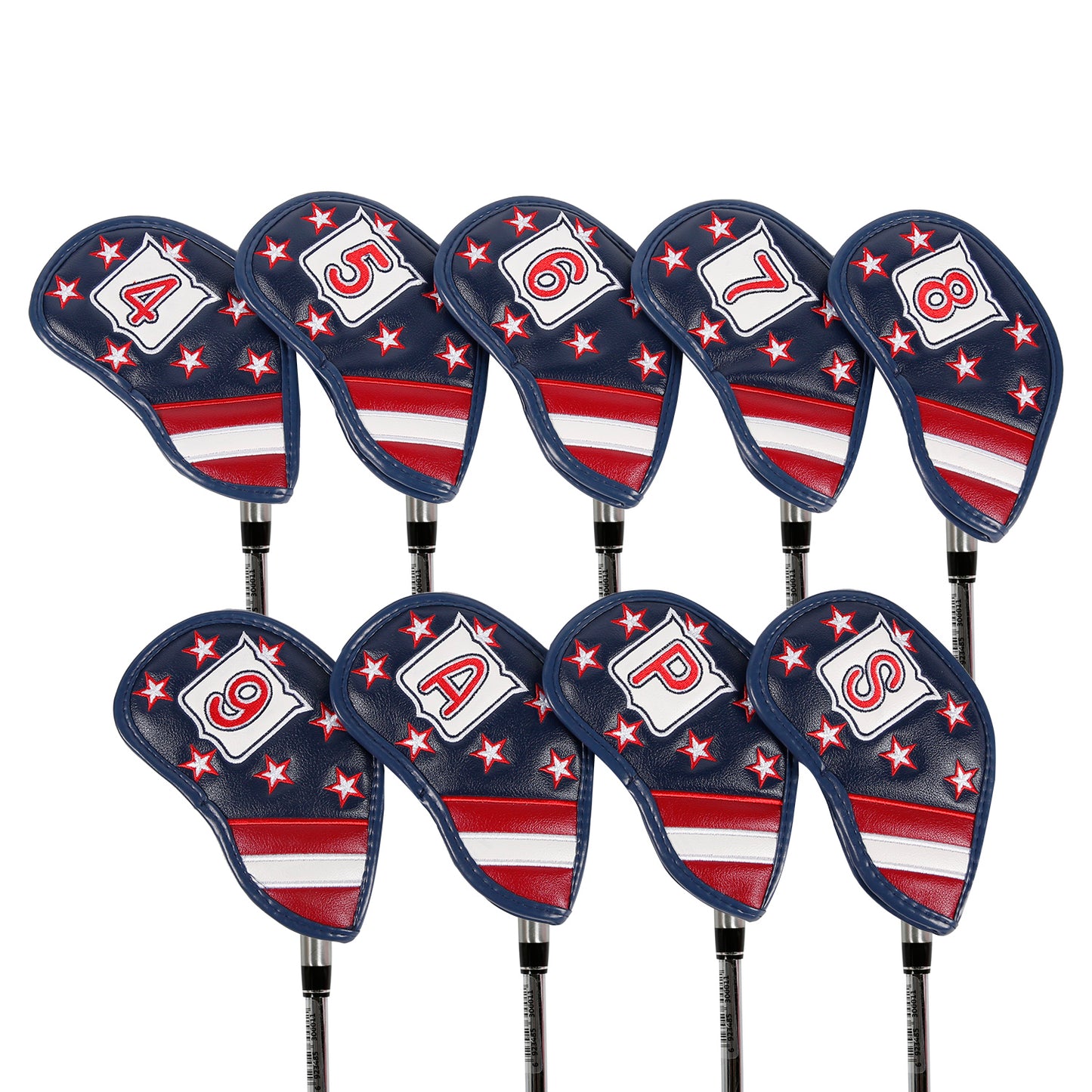 Leather Golf Club Iron Head Covers 9 Piece Set Headcover Protector Stars and Stripes Golf Accessorise FoneFunShop