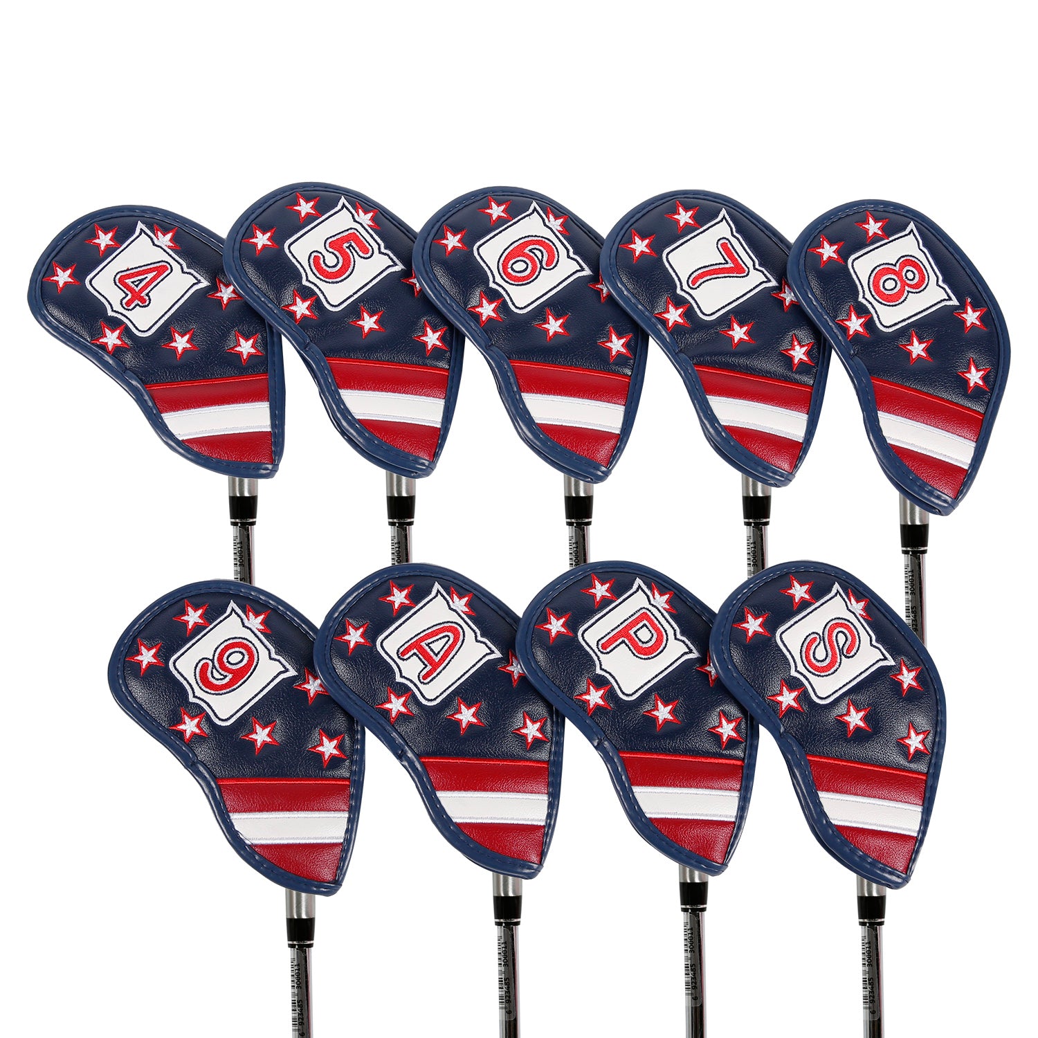 Leather Golf Club Iron Head Covers 9 Piece Set Headcover Protector Stars and Stripes Golf Accessorise FoneFunShop