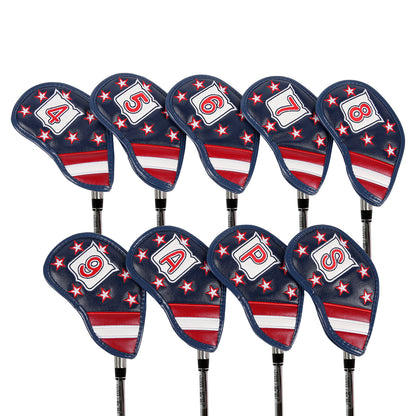 Leather Golf Club Iron Head Covers 9 Piece Set Headcover Protector Stars and Stripes Golf Accessorise FoneFunShop