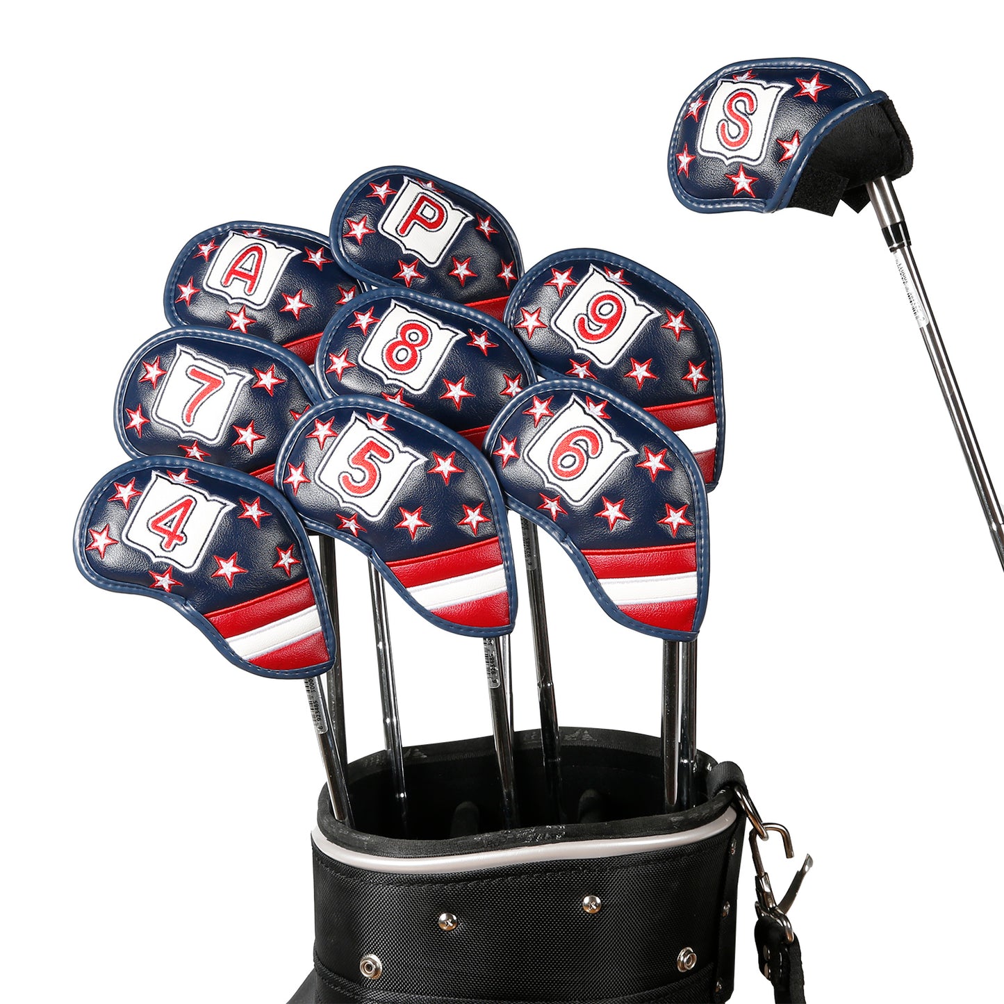 Leather Golf Club Iron Head Covers 9 Piece Set Headcover Protector Stars and Stripes Golf Accessorise FoneFunShop